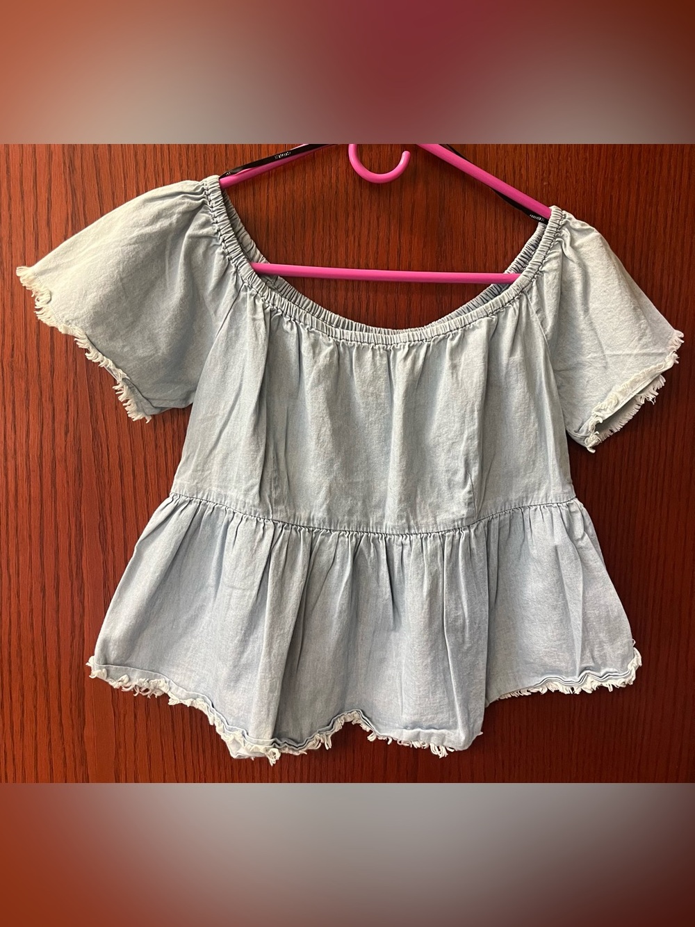 Forever 21 Chambray Off-Shoulder Cropped Peplum Top